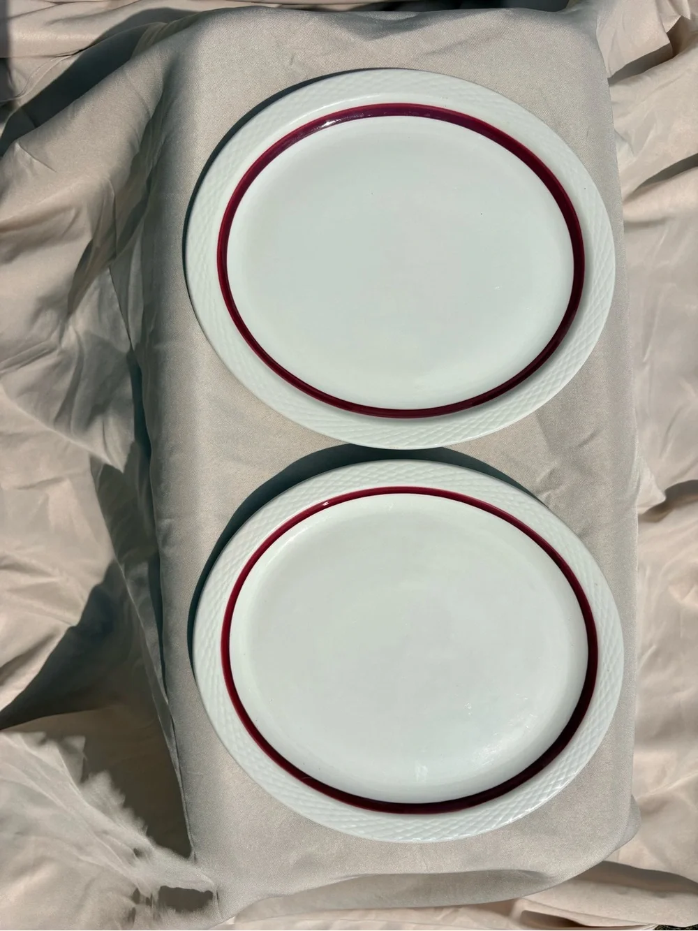 Vintage Jackson Custom China Set of 2 Oval Platters Burgundy Stripe Diamond Rim